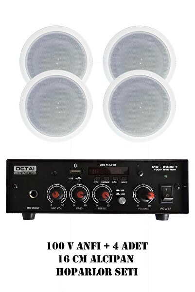 GenelTedarik 100V Octai Anfi ve 4 Adet 13 cm Alçıpan Tavan Hoparlör Seti