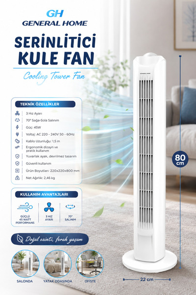Kerasus General Home 80 cm Serinletici Kule Fan 45W | 3 Kademeli Hız | 60° Sa...