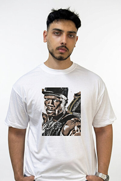 Anetos تي شيرت أبيض كبير الحجم مطبوع بتصميم 50 Cent_59