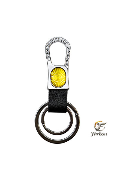 farissu Premium Leather Keychain with Stone Carabiner Hook - Yellow Reflectiv...