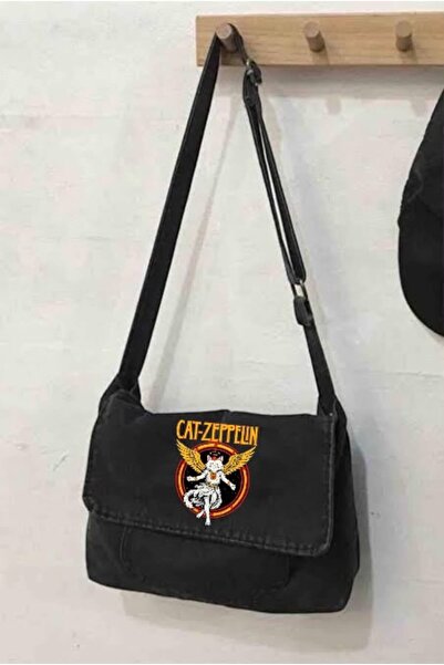 Minga London Black Cat Zeppelin Printed Denim Messenger Bag