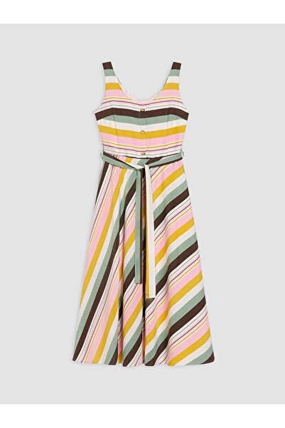 LC Waikiki Lcwaikiki Classic Mixed U-Neck Striped Belted Dress