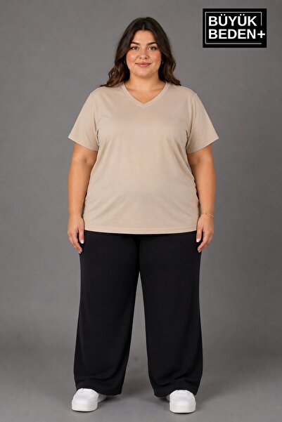 Superlife Süperlife Large Size Women's V-Neck Cotton Basic T-Shirt Navy Blue ...