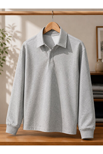 cekud tasarım baskı Gri Uzun Kollu Polo Yaka Sweatshirt – Unisex Basic Düğmel...