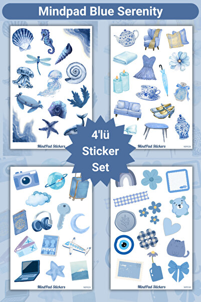 Mindpad Mavi Temalı 4’lü Sticker Seti - Blue Serenity Ajanda, Bullet Journal ...