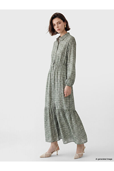 LC Waikiki Nevavm Shirt Collar Patterned Waist-Sitting Dress with a Difference