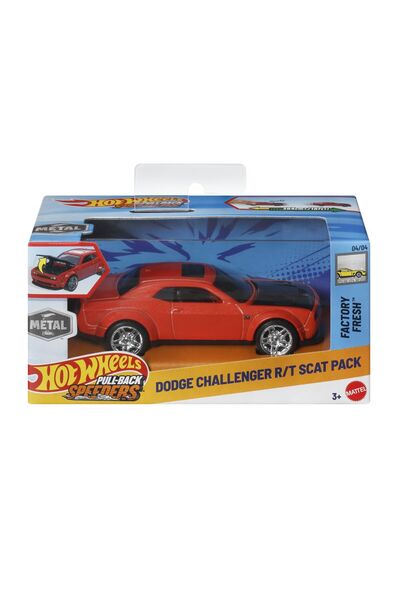 HOT WHEELS Метална количка Dodge Challenger R/T Scat Pack, Pull-Back, мащаб 1:43