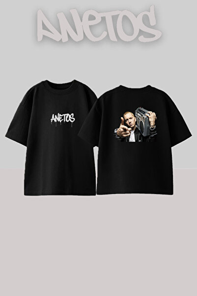 Anetos Μαύρο μπλουζάκι Eminem Boombox_1 με στάμπα σχεδίου, Unisex, Oversize
