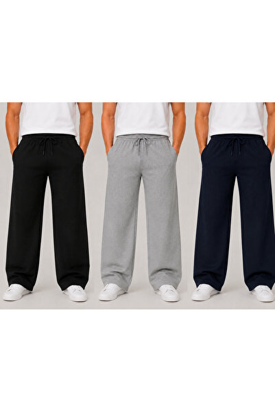 BERYY MODA Economic Package: 3-Piece Black Gray Navy Blue Wide-Leg Men's Swea...
