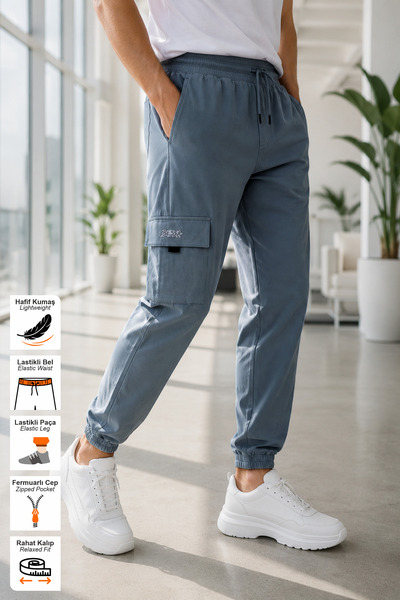 BESSA Gray Summer Jogger Sweatpants with Cargo Pockets, Zipper Pockets, Elast...