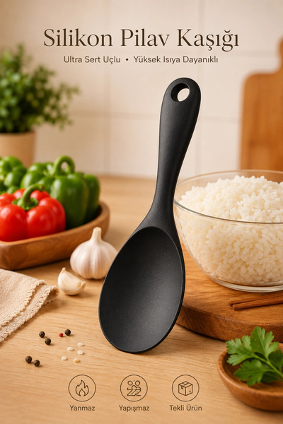Tilbe Home Silikon Pilav Kaşığı Ultra Sert Uçlu Yanmaz Yapışmaz Isıya Dayanıklı Siyah Servis Yemek Kaşığı