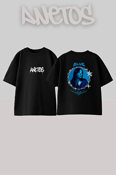 Anetos تي شيرت أسود كبير الحجم مطبوع بتصميم بيلي إيليش باللون الأزرق للجنسين