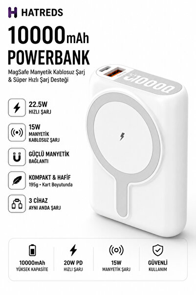 Hatreds 10000mAh 22.5W Hızlı Şarj 20W PD 15W Manyetik Kablosuz Şarjlı MagSafe...