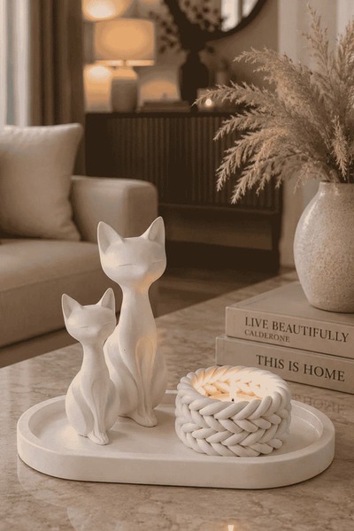 Hikwo Mutlu Kedi ve Mumluk Tepsi Dekoratif Set - Hediyelik