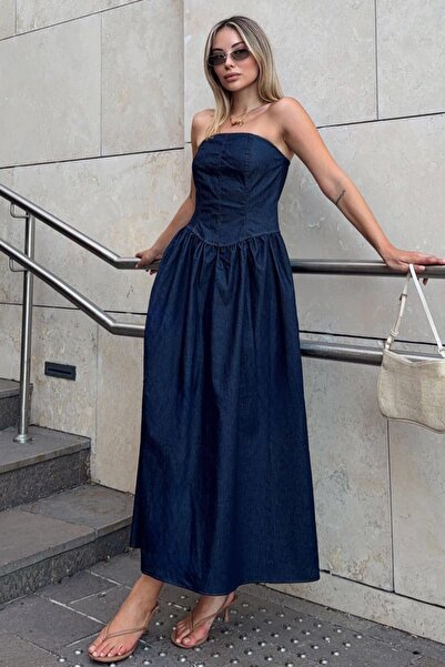 Swist Navy Blue Strapless Waist Gathered Zipper Closure Women's Denim Midi Dress