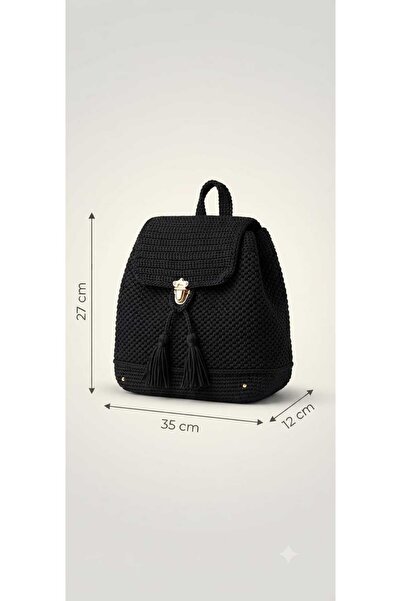 ZİVORA Women's Black Knitted Backpack with Tassel Detail and Cover, Daily Boh...