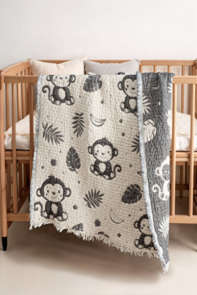 Denizli Concept Monkey Pattern Muslin Baby Blanket Black