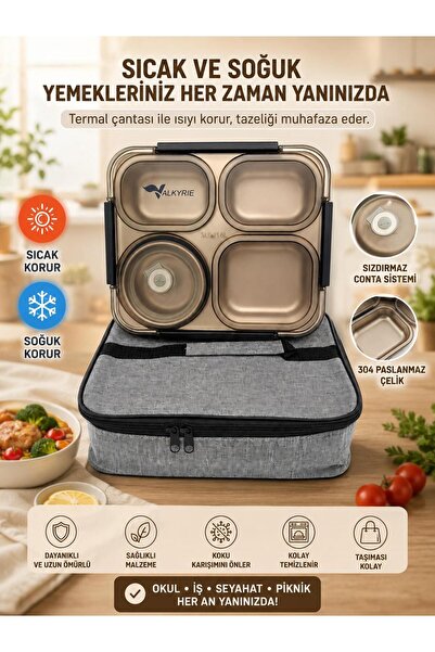 valkyrie 1500 ML 4 Bölmeli Paslanmaz Çelik Yemek Termosu Beslenme Kabı | Sızdırmaz Lunch Box Termal Taşıma Çantası