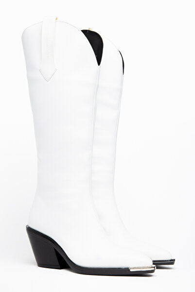 DENORA White Matte Leather Metal Toe Cap Below the Knee Flat Western Cowboy B...