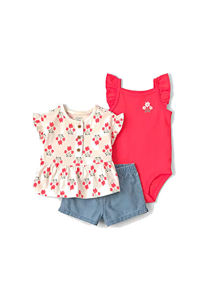 Carters Baby طقم شورت صيفي للفتيات الصغيرات من كارترز بأكمام مضلعة مكون من 3 قطع