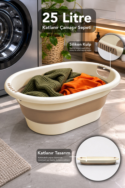 Meleni Home 25Lt Katlanabilir Çamaşır Sepeti - Akordiyon Silikon Kulplu Çamaş...