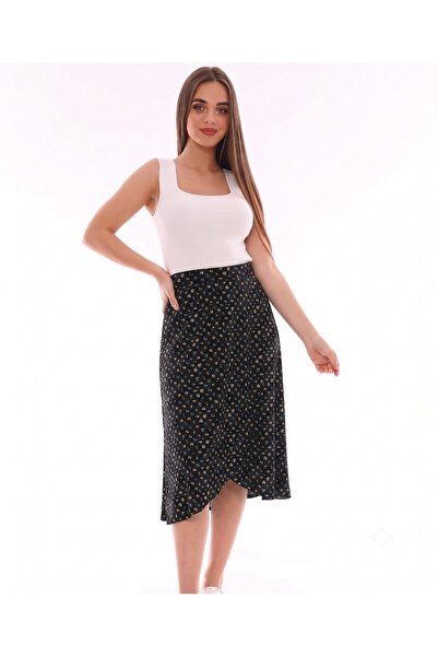 Salvi Women's Floral Patterned High Waist Asymmetrical Cut Midi Skirt