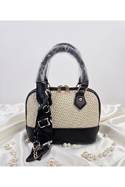 AVIVA Scarf Detailed Straw & Leather Combination Women's Shoulder Bag