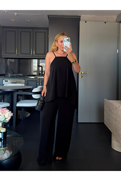 My Blog Black Stone Detailed Jumpsuit - 3464
