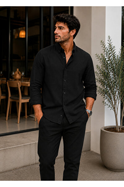 mavisima erkek giyimi Men's Black Summer Breathable Linen Textured Aerobin Sh...
