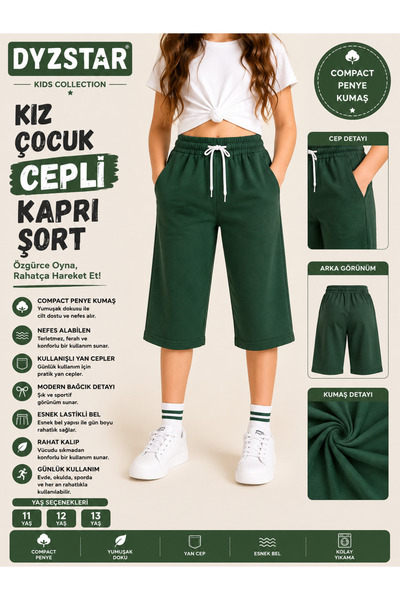 DYZSTAR Kız Çocuk Cepli Kapri Şort Yeşil Compact Penye Rahat Kalıp Lastikli B...
