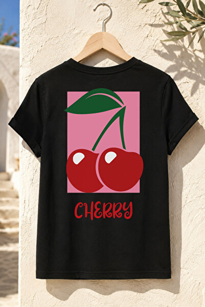 Spoyi Cherry Dream Design 100% Cotton Half Oversize Black T-Shirt