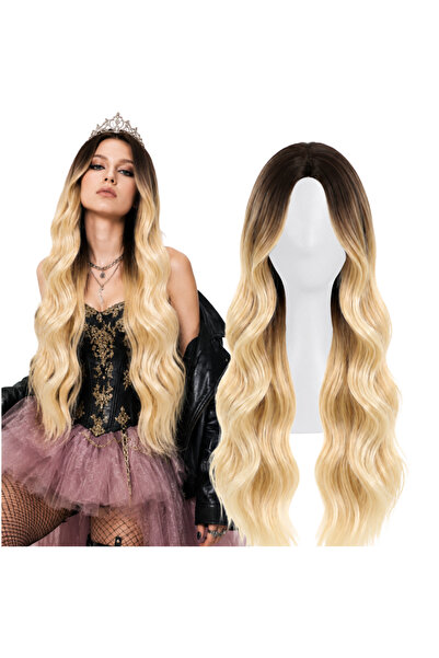 Korbi Perucă lungă de cosplay pentru femei, blondă și ondulată