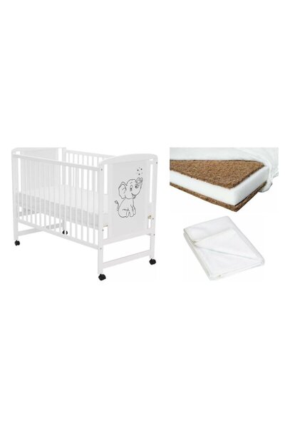 Qmini Set Patut din lemn bebe Qmini, Timmi Elephant, 120x60 cm, Alb + Saltea ...