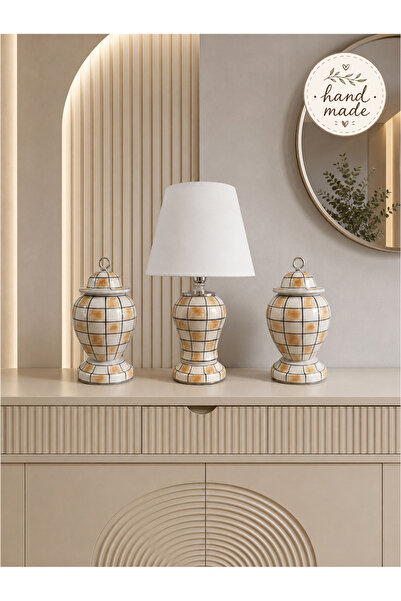 daiza home Dekoratif Hand Made El İşi Salon Seti Sultan Küp Abajur Şah Damalı...