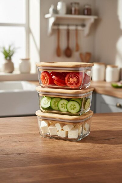 Yıldızan Msa Shop 3-Piece Glass Large Storage Container with Bamboo Lid (405 ...