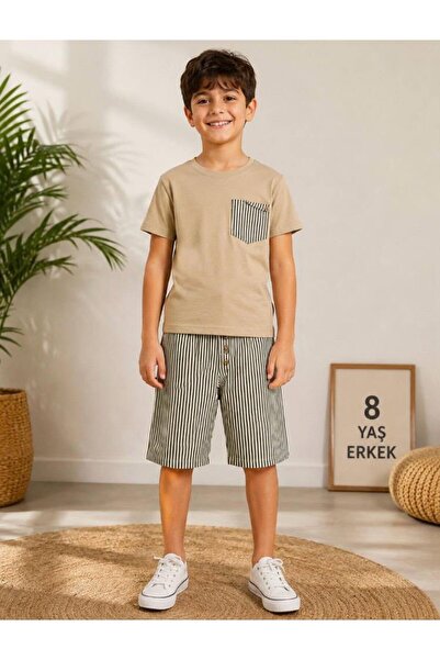 CiciTime Çocuk Modası Boy's Striped Shorts and Top Set with Pockets
