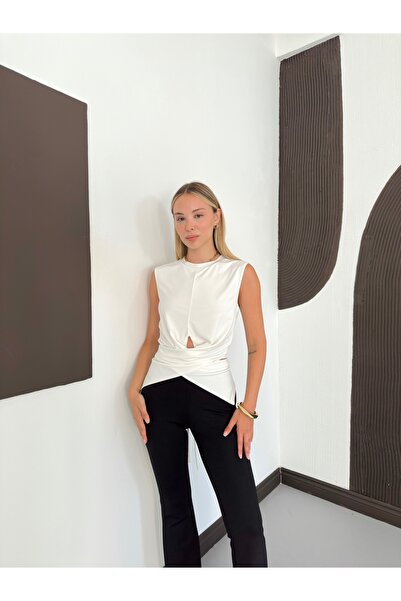 MODAMERSİ Women's White Waist Tie Detailed Sleeveless Blouse