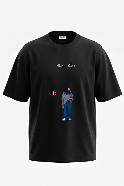 Anetos Μπλουζάκι Billie Eilish_96 με στάμπα σχεδίου, Unisex, Oversize, Μαύρο