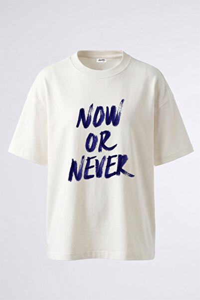 Anetos Λευκό μπλουζάκι με στάμπα Now Or Never Design, Unisex, Oversize