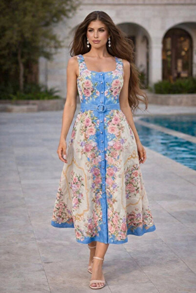 AsprinFashion Women's Maxi Dress Floral Patterned Linen Look Strap Belted Sum...