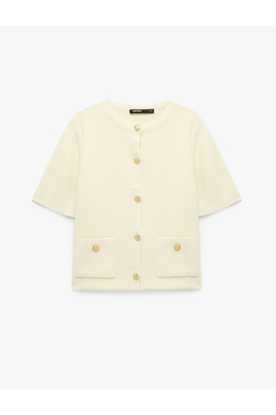Koton Buttoned Pocketed Crew Neck Short Sleeve Knitwear Cardigan