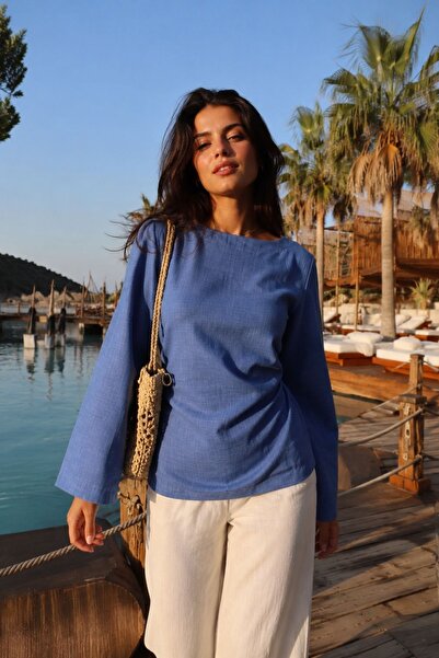 armonika Women's Blue Boat Neck Blouse with Gathered Sides and String Detail ...