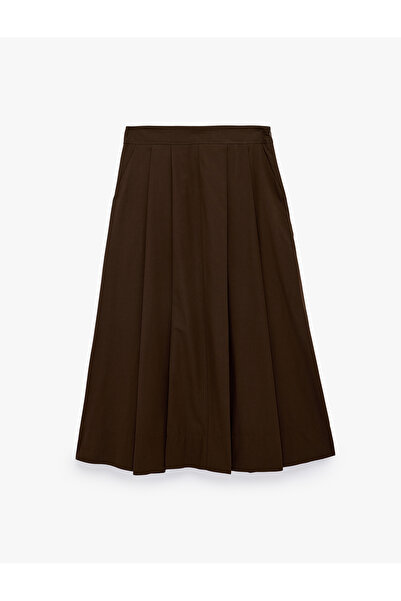 Koton Cotton Flared Cut Pleated Pocketed Midi Poplin Skirt