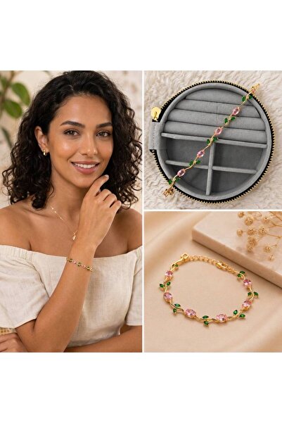 FM 💎   Premium Gold Color Pink and Green Zircon Stone Elegant Women's Bijout...