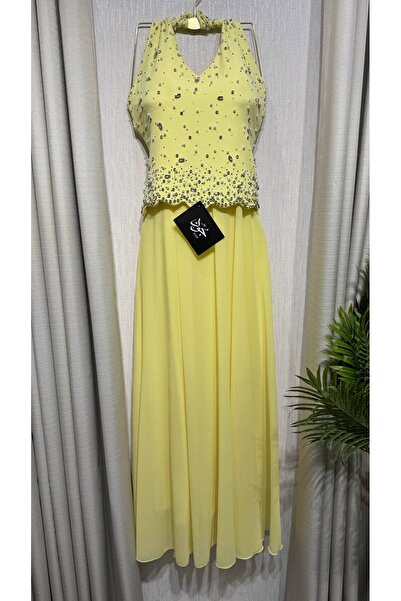 Jood Lemon Evening Dress with Shimmering Embroidery and Chiffon Skirt