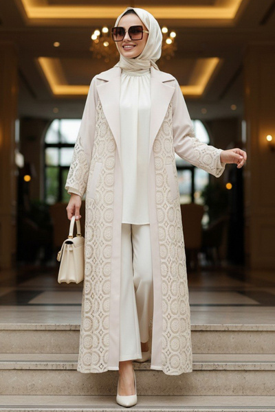 Neva Style Güpür Dantelli Bej Tesettür Abaya Kimono 63191BEJ