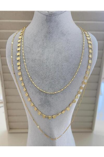 Gosea Multi-Layered Geometric Square Detailed Gold Color Chain Necklace |   M...