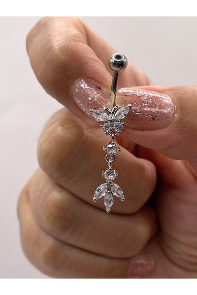 kurukafagift Kelebek Figürlü Sallantılı 3 Taşlı Çelik Göbek Piercing