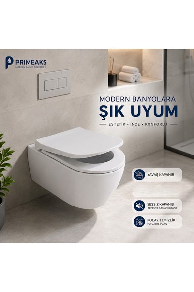 Primeaks D-Şekilli Klozet Kapağı - Yavaş Kapanan (Soft Close), Amortisörlü, Kolay Temizlenen Lüks Klozet Kapağı