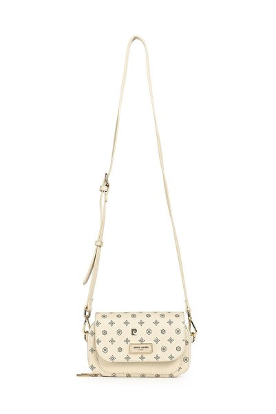 Pierre Cardin Women's Monogram Patterned Multi-Compartment Bag with Heart Accessories, Flap Closure, Zipper Closure, Adjustable Shoulder Strap